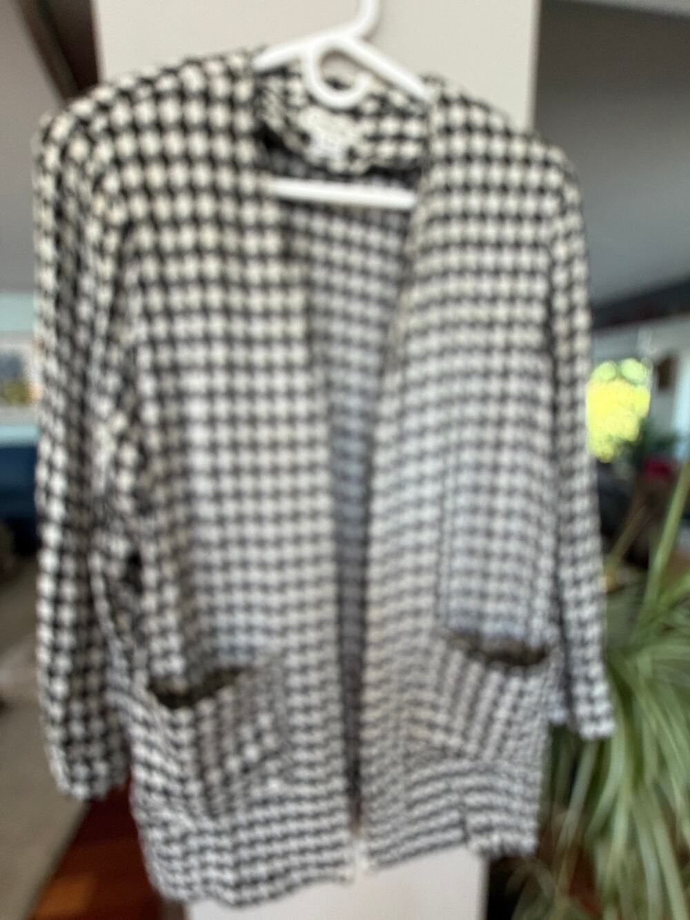 Vintage Christian Dior Houndstooth Open Front Blazer Jacket Black White Made USA